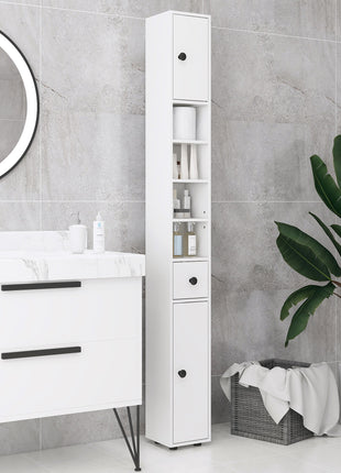 71" Small Bathroom Storage Cabinet, Narrow Toilet Paper Cabinet with Open Shelves, 2 Cabinets, Adjustable Shelves, White
