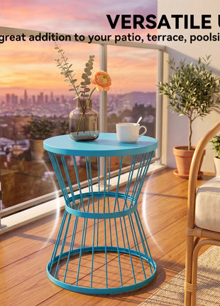 16" Patio Side Table, Garden End Table with Hourglass Design, Steel Accent Table for Outdoor and Indoor Use, Blue