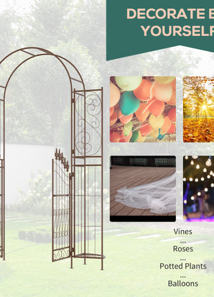 7' Metal Garden Arbor, Garden Arch with Gate, Fleur De Lis Motif, Latching Doors, Planter Shelves for Climbing Vines, Ceremony, Weddings, Party, Garden, Backyard, Lawn, Brown
