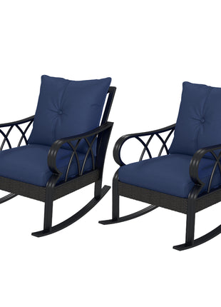 2 Piece Outdoor Wicker Rocking Chairs Rattan Porch Rockers with Cushions, Aluminum Frame for Garden, Patio, Blue