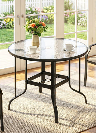 38" Round Patio Table with Umbrella Hole, Tempered Glass Outdoor Dining Table, Black
