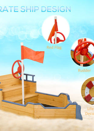 Kids Wooden Sandbox Pirate Ship Sandboat w/ Bench Seat Storage Space Ceder Wood