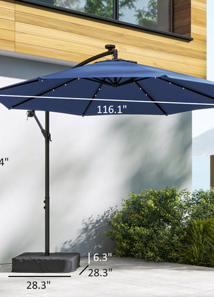 10 ft Cantilever Patio Umbrella with Light, Weight, Offset Hanging Outdoor Umbrella with Protective Cover, Dark Blue