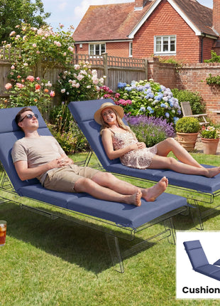 Outdoor Chaise Lounge Cushions Set of 2 with 6 Ties, High-Density Foam, for Patio and Poolside, Navy Blue
