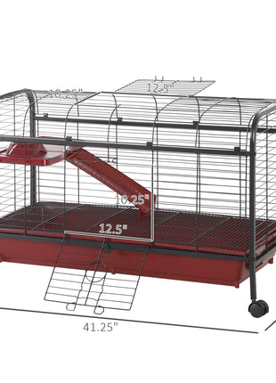 41"L Small Animal Cage, Pet Play House for Rabbit Hutch Ferret with Feeder, Rolling Wheels, Platform, Ramp