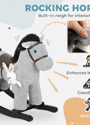 Kids Rocking Horse, Plush Toddler Ride on Toy with Realistic Neigh and Toy for 2–5 Years Old, Gray