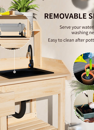 Potting Bench Table, Outdoor Garden Table Wooden Work Station with Removable Sink, Faucet, Drawer, Shelves, Hooks, Natural Wood