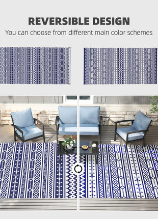 Reversible Outdoor Rug, Waterproof Plastic Straw with Carry Bag, 9' x 18', Blue & White Geometric Wall