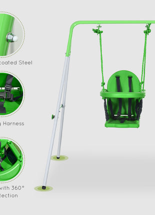 Toddler Swing Set with Metal Stand, Safety Seat Belt for Kids Aged 6-36 Months, Backyard Indoor & Outdoor Use, Green