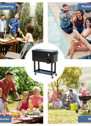 80 QT Rolling Cooling Bins Ice Chest on Wheels Outdoor Stand Up Drink Cooler Cart for Party, Black