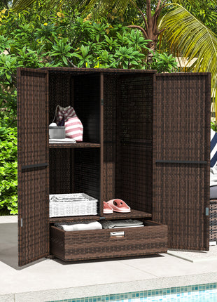 Outdoor Storage Cabinet with Shelves, Rattan Pool Towel Storage Cabinet with Removable Shelf & Drawer, Mixed Brown