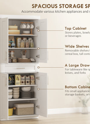Modern Kitchen Pantry Freestanding Cabinet Cupboard with Doors and Drawer, Adjustable Shelving, White