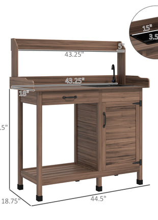 Potting Bench Table with Removable Sink, Outdoor Work Bench Table with Storage Cabinet, Hooks, Faucet and Drawer for Greenhouse, Garden, Patio, Dark Brown