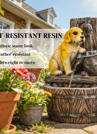 22" Outdoor Fountain with 3-Tier Puppy Theme, Resin Garden Fountain with LED Lights, Adjustable Flow, Rustic Brown