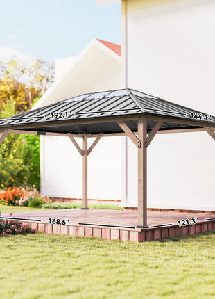 12' x 16' Hardtop Gazebo with Galvanized Steel Roof, UPF50+ Wood Permanent Pavilion with Clear Roof Top, Light Walnut