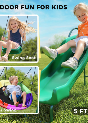 Metal Swing Set with Slide, Saucer Swing Seat, Heavy Duty A-Frame Stand and Adjustable Rope for Backyard, Dark Green