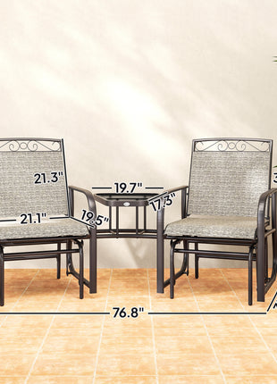 Outdoor Glider Chairs with Coffee Table, Patio 2-Seat Rocking Chair Swing with Breathable Sling for Backyard, Gray