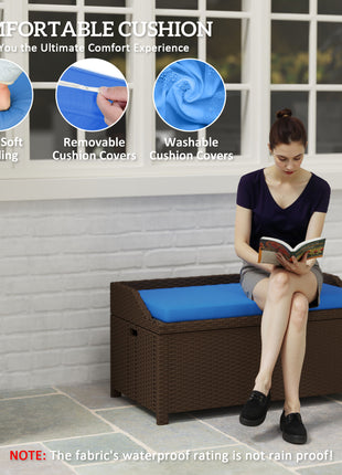 Outdoor Wicker Storage Bench with Storage & Cushion, Blue