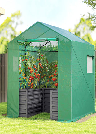 Greenhouse with Raised Garden Bed, Galvanized Steel Outdoor Greenhouse with Roll Up Door, 56" x 56" x 75", Dark Gray