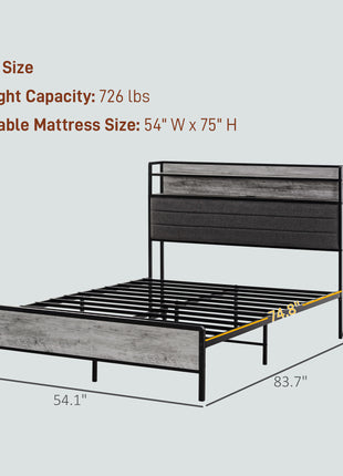 Full Bed Frame with Storage Upholstered Headboard, Full Size Bed Frame with LED Lights, Charging Station, Cement Gray