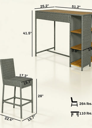 5 Piece Wicker Outdoor Bar Set, Acacia Wood Outdoor High Top Table and Chairs with 3 Tier Shelves, Cushions, Gray