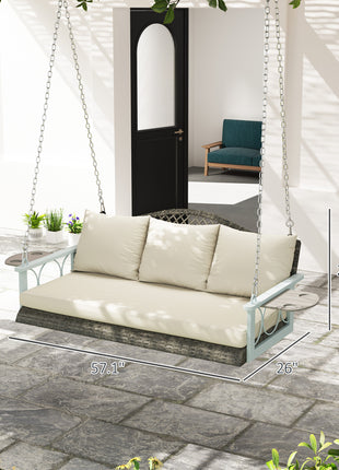 3 Person Wicker Hanging Outdoor Patio Porch Swing Bench with Cup Holders, Cushions, and Chains, Natural