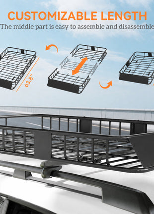 Car Roof Rack Basket, 63.8" x 39" x 6.3" Adjustable Cargo Basket for Cars, SUVs, Vans and RVs, 220 lbs Capacity, Black