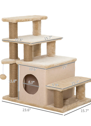 Adjustable Height 3 Step/4 Step Cat Stairs w/ Jute Cat Scratching Post, Cat Condo, Toy Ball, for Bed, Sofa, Couch, Beige