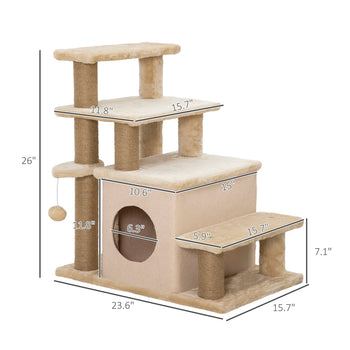 Adjustable Height 3 Step/4 Step Cat Stairs w/ Jute Cat Scratching Post, Cat Condo, Toy Ball, for Bed, Sofa, Couch, Beige
