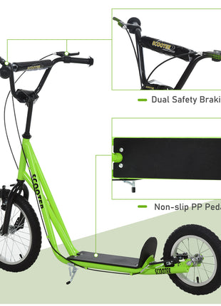 Teens Youth Scooter Ride On Toy with Adjustable Handlebar, Dual Brakes, and Inflatable Wheels For Kids 5+ - Green