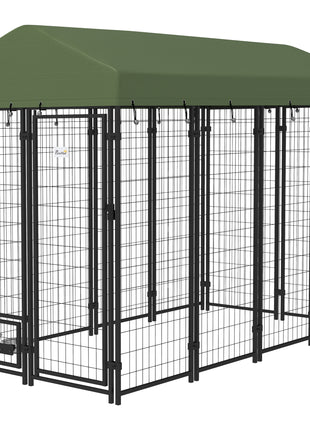 Outdoor Dog Kennel with Rotating Bowl Holders, Pet Playpen with Waterproof Cover, 8' x 4' x 6', Green