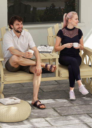 2-Seat Wooden Garden Bench with Table, Umbrella Hole, High Backrest, Armrests for Backyard, Patio, Garden, Natural Wood