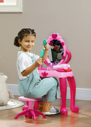 Kids Vanity Set with Mirror and Stool, Light and Sound, 15 Accessories, Pink