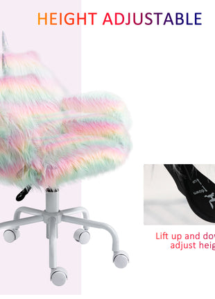 Fluffy Unicorn Office Chair with Mid-Back and Armrest Support, 5 Star Swivel Wheel White Base, Rainbow