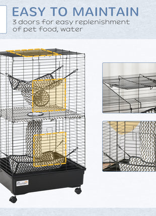 42" Ferret Cage, Small Animal Habitat Metal Pet Cage with Wheels Brakes, Hammocks, Hanging Tunnels, and 3 Doors, Black