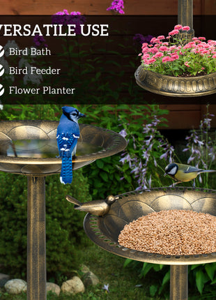 28" Antique Bird Bath Decorative Birdbath Bird Feeder Bowl with Planter Pedestal and Bird Statues, Bronze