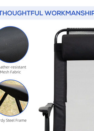 Folding Patio Dining Chairs Set of 2, Outdoor Deck Chair with Adjustable Sling Back, Camping Chair with Removable Headrest for Garden, Backyard, Lawn, Black