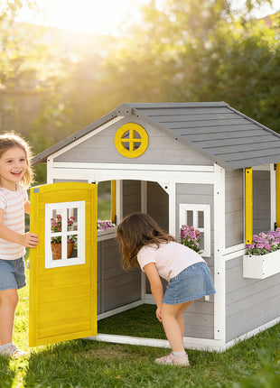 Wooden Playhouse for Kids Outdoor with Doors, Windows, Planter Pots and Boxes for Toddlers 3-8 Years, Gray