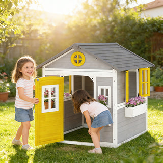 Wooden Playhouse for Kids Outdoor with Doors, Windows, Planter Pots and Boxes for Toddlers 3-8 Years, Gray