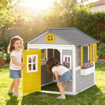 Wooden Playhouse for Kids Outdoor with Doors, Windows, Planter Pots and Boxes for Toddlers 3-8 Years, Gray