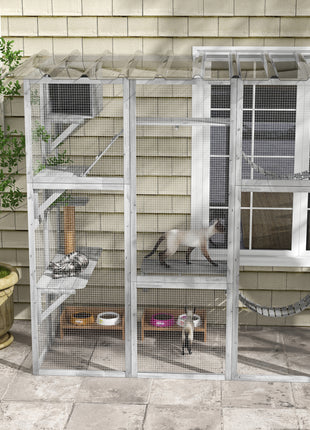 Catio Playground Cat Window Box Outside Enclosure for Multiple Cats w/ Shelves & Bridges, Gray
