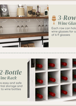 55" Coffee Bar Cabinet with Lights, Farmhouse Wine Cabinet with Wine and Glass Racks for Kitchen, Dining Room, White
