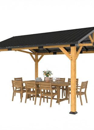 13' x 11' Hardtop Gazebo Canopy with Galvanised Metal Roof, Fir Wood Frame and Central Hook for Patio, Black Gray