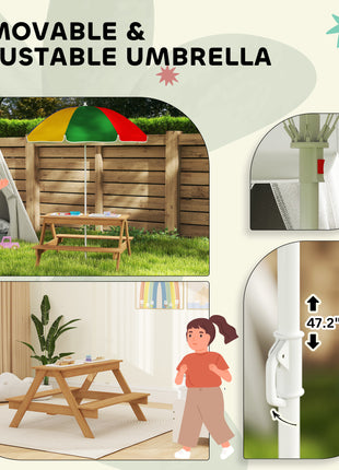 Wooden Outdoor Kids Picnic Table with Removable Umbrella, Children Sand and Water Activity Table for Patio, Mixed Color