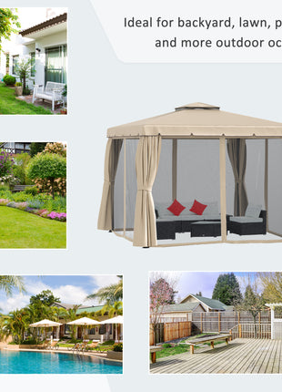  10' x 10' Patio Gazebo, Aluminum Frame Double Roof Outdoor Gazebo Canopy Shelter with Netting & Curtains, for Garden, Lawn, Backyard and Deck, Khaki