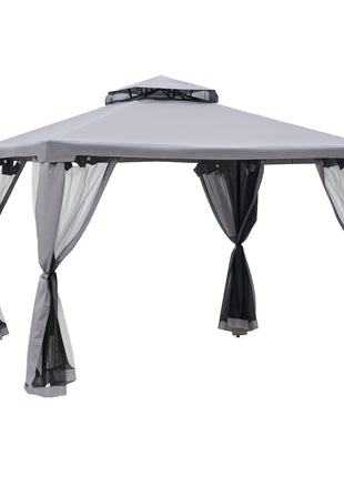 9.6' x 9.6' Patio Gazebo, Outdoor Canopy Shelter with 2-Tier Roof and Netting, Steel Frame for Garden, Lawn, Backyard, and Deck, Gray