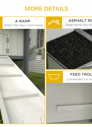 Large Rabbit Cage Outdoor 61"L Guinea Pig Hutch w/ Run Feeding Trough Removable Tray Ramp Asphalt Roof, White