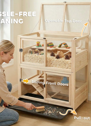 Wooden Hamster Cage, 4 Tier Small Animal Cage with Mesh Flip Roof, Pull-Out Tray, Huts, Seesaws, Ramps and Water Bottles