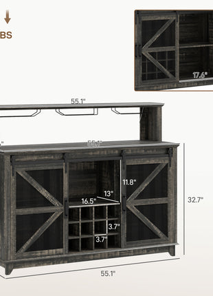 55" Coffee Bar Cabinet with Lights, Farmhouse Wine Cabinet with Wine and Glass Racks for Kitchen, Dining Room, Brown