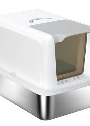 2 in 1 Stainless Steel Cat Litter Box with Removable Lid, Scoop, Filter Bags, for Small to Large Cats, White
